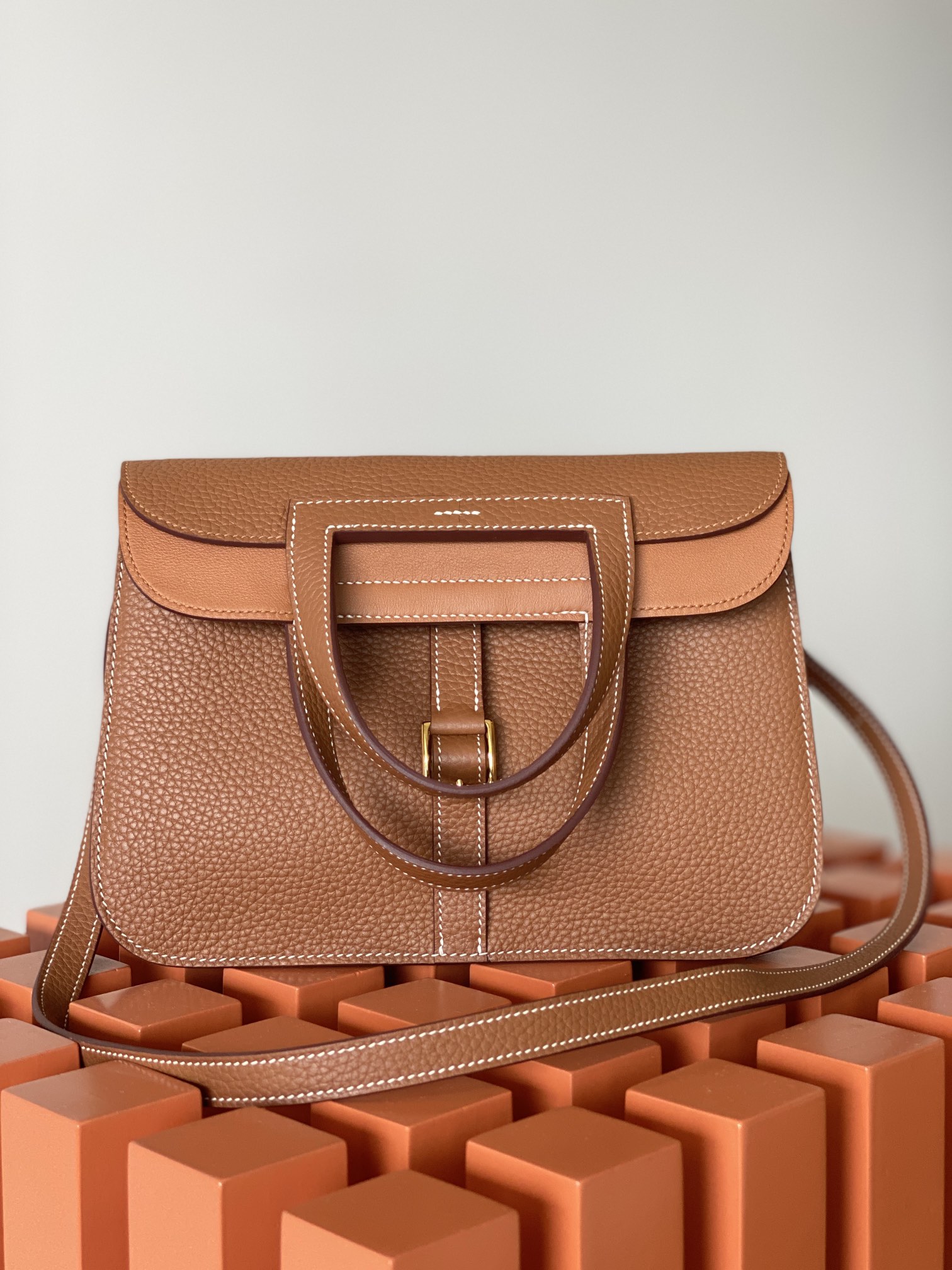 에르메스 투톤 할잔백25 브라운 금장 버클